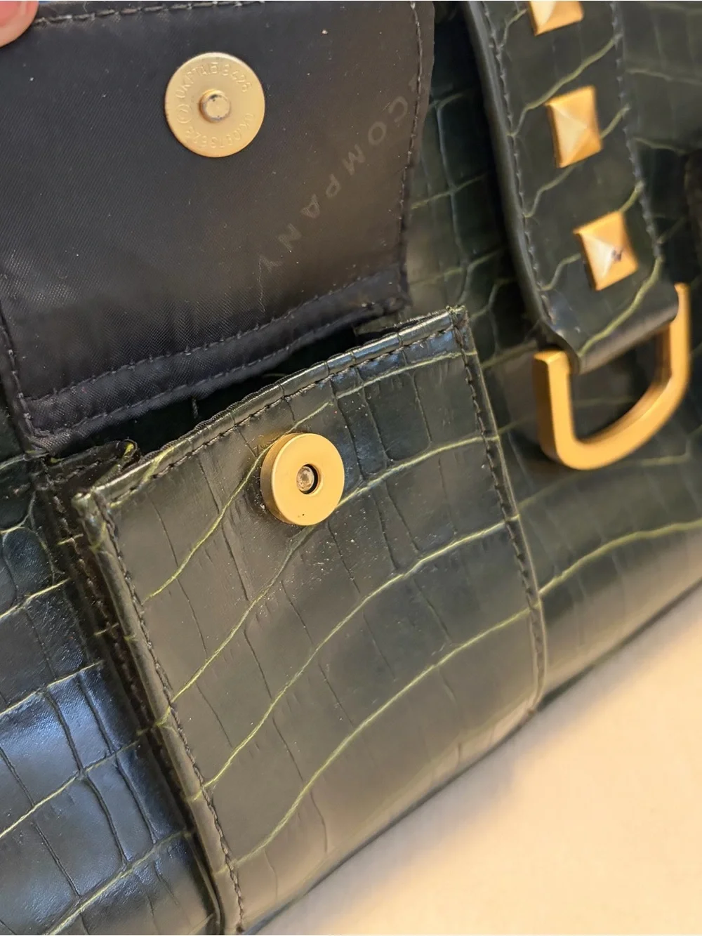 New York & Company Faux Crocodile Top-Handle Bag in Dark Green w/ Gold Hardware